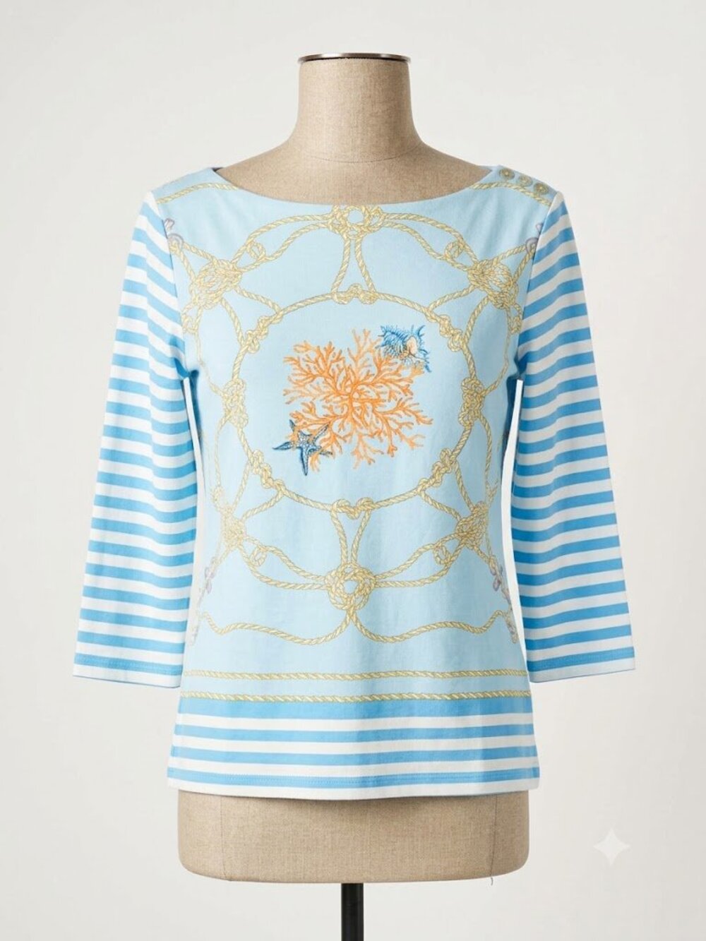 J.McLaughlin Nautical Boat Neck 3/4 Sleeve Top - Blue Coral & Rope Print - M